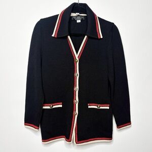 St. John Collection Marie Gray Black/Red Santana Knit Sweater Cardigan